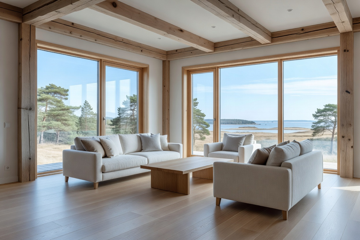 Bright Baltic living room with clean oak floors, timber architectural details and large windows