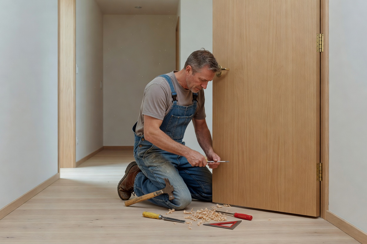 Carpentry tools adjusting solid wood door hinges in a modern Scandinavian hallway