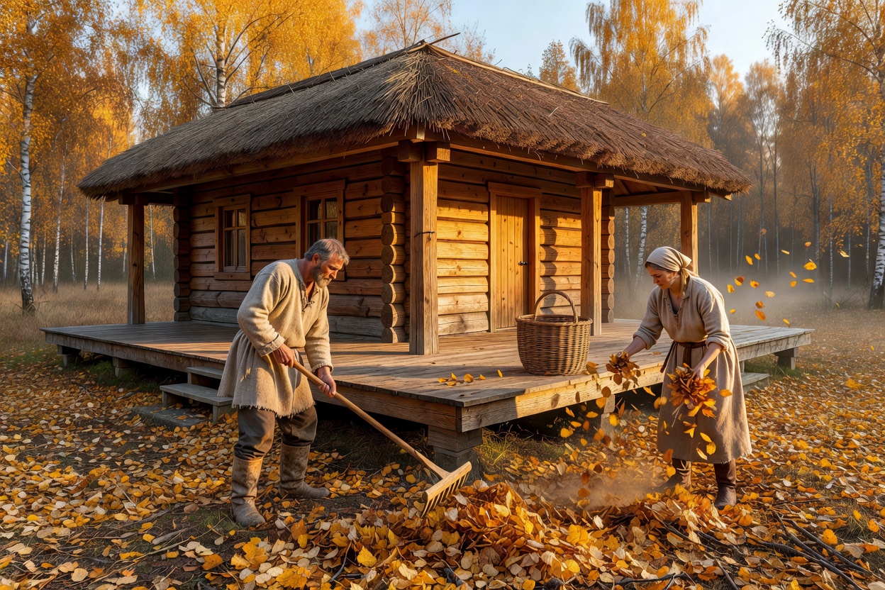 Clearing golden autumn leaves around a modern timber house deck in Latvia
