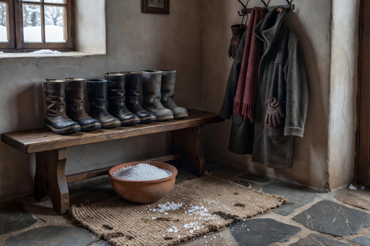 Cozy entryway prepared for snowy winter boots and salt protection in a Baltic home
