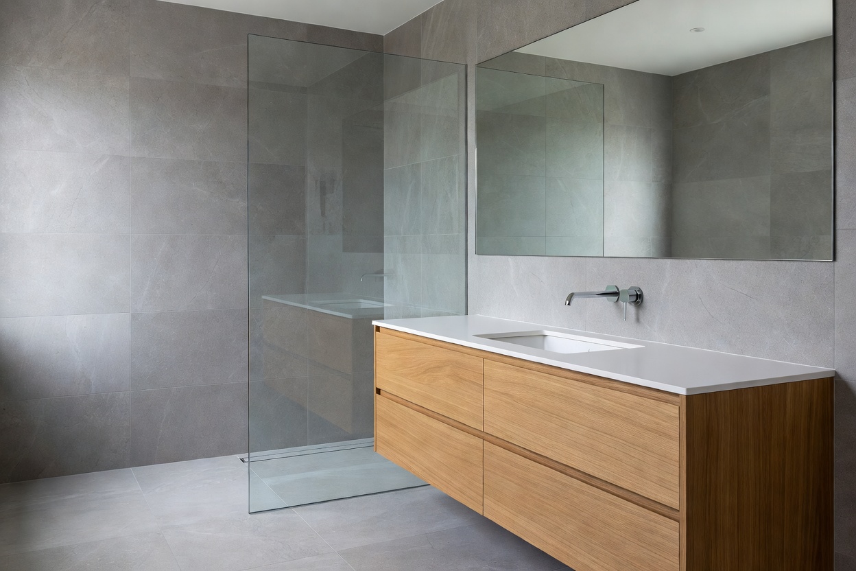Immaculate modern bathroom with grey slate tiles, minimalist shower screen and natural oak vanity