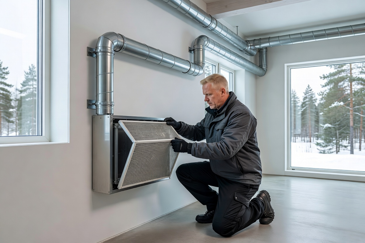 Inspecting ventilation filter and clean utility ductwork in a modern energy efficient Nordic house