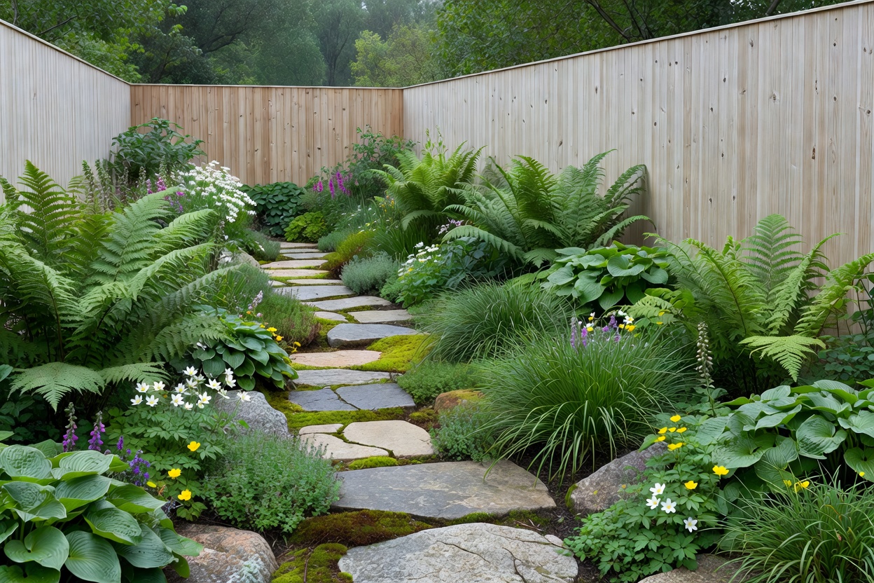 Lush green garden border with stone path and modern timber fence in Northern European climate