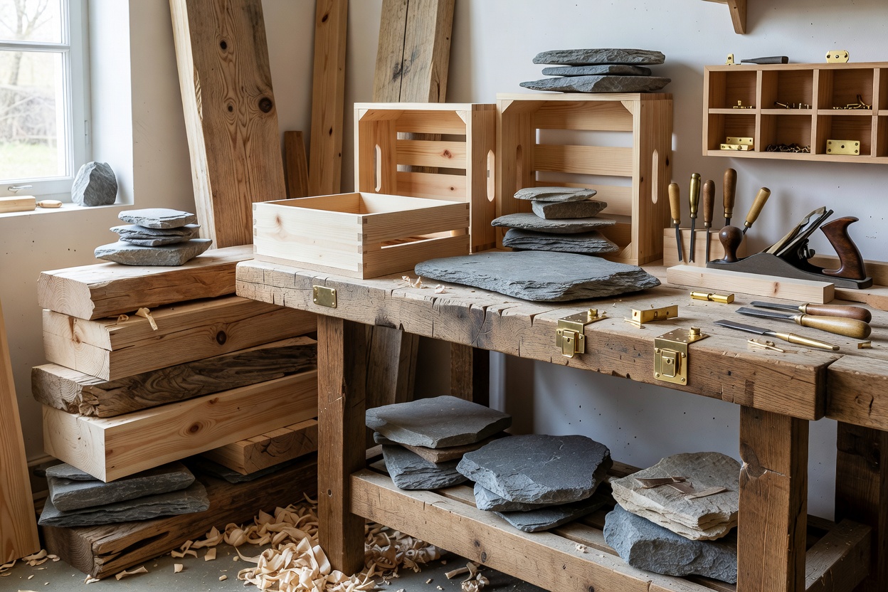 Natural pine timber, grey slate stones, and brass fixtures arranged in a workshop setting