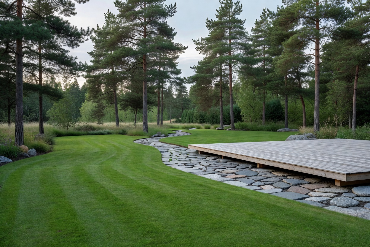 Neatly manicured modern Scandinavian lawn bordered by pine trees, granite pavers and outdoor timber terrace