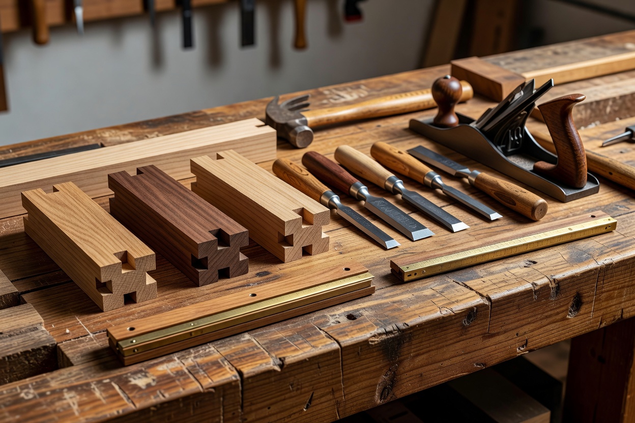 Organized hand tools and timber joinery work on an orderly workbench