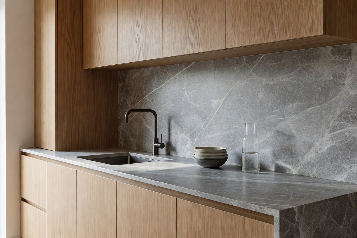 Well-kept modern Nordic kitchen counter with natural stone surfaces and timber storage cupboards